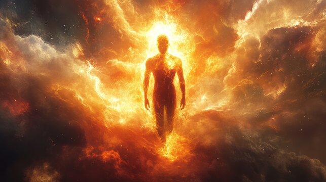 Fiery figure, celestial realm, divine aura, image for inspirational use