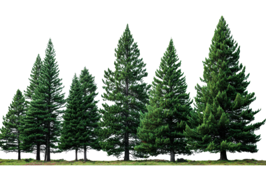 Row of tall green pine trees with dark trunks and bushy branches evergreen forest, Png, Isolated on Transparent Background, Cut Out