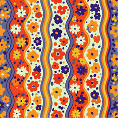 groovy wavy stripe floral repeat in retro palette; vertical wave flower tile in cream purple and citrus hues