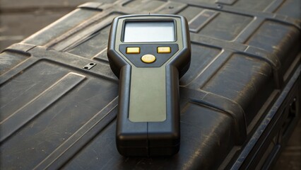 Handheld electronic device with a display, resting on a textured surface, likely used for measurement or testing purposes.