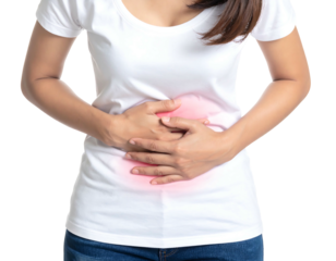 Woman's torso, white t-shirt, hands on abdomen, pink glow indicating pain location. Isolated against a black background