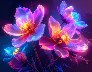 Glowing ethereal flowers radiating light in shades of purple and pink