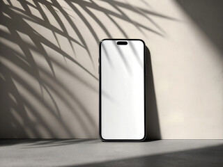 Modern smartphone with blank screen casting shadows from palm leaves on a neutral wall