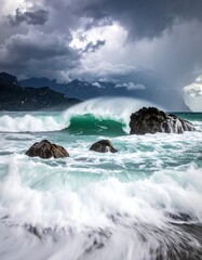Dramatic coastal scene with crashing waves under a stormy sky