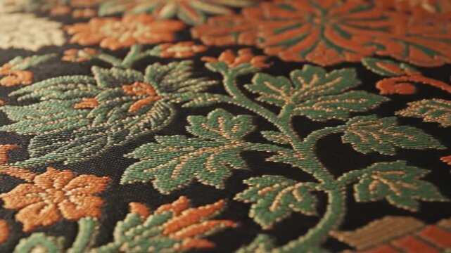 Intricate Fabric Pattern - A close-up shows detailed textured fabric with woven patterns. The fabric features a blend of black, orange, and green hues, forming floral and foliate designs.
