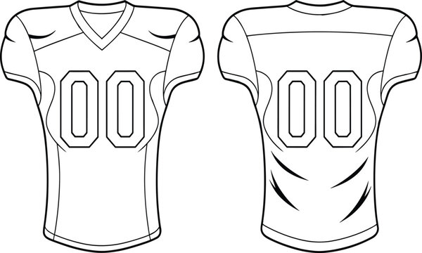 Black and white outline vector illustration of American football jersey front and back view with number design for sportswear customization