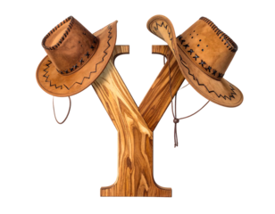Wooden 'Y' overlaid with two tan cowboy hats, brown cords hanging. Isolated on black background
