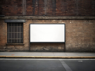 Blank white billboard on a weathered brick wall next to a barred window and street