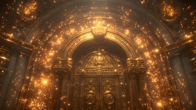 Ornate golden doorway glows brightly amidst a shower of sparkling particles