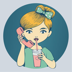 retro phone sip portrait with green polka bow, orange bun, and pastel drink; merchandise: stickers, enamel pins, postcards, and drinkware panels