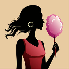 silhouette in red sleeveless dress with hoop earring and pink cotton candy on beige field; product art for postcards, stickers, and enamel pins.