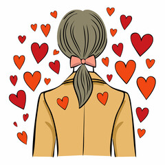 ponytail back portrait with pink bow and shower of red and orange hearts; wall art, prints, and merchandise panels for boutiques and pop‑up shops.
