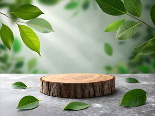 Natural wooden podium surrounded by fresh green leaves and soft sunlight in a serene forest setting