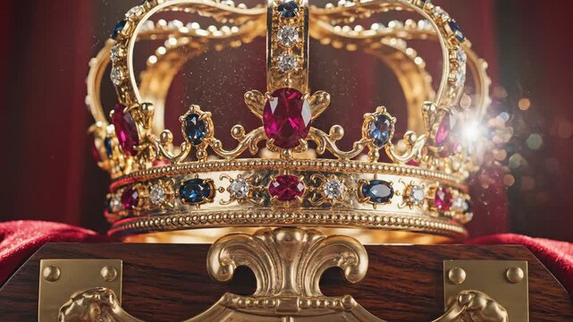Golden Crown with Jewels - A golden crown adorned with jewels sits atop a wooden chest, a symbol of royalty and achievement. The ornate details of the crown and the chest are highlighted in the light. - Powered by Adobe