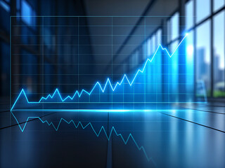 Glowing blue digital financial graph showing upward trend on reflective surface with city skyline background