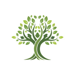 Naklejka premium Stylized tree of life with human figures and green leaves