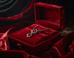 Elegant ruby necklace on velvet, displayed in a luxurious, open jewel case