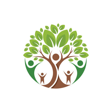 Circular logo depicting a tree of life with human figures and leaves