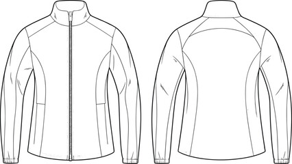 Black and white vector illustration of jacket front and back view with zipper, high collar, yoke design, paneling, fashion template