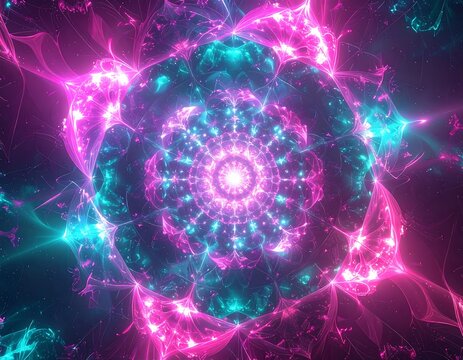 Glowing fractal in magenta and turquoise hues, intricate details - Powered by Adobe