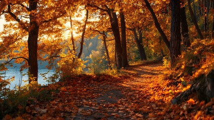 Obraz premium Forest path alongside water bathed in warm sunlight during peak autumn season