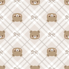Cute Teddy Bear Faces and Bows on a soft beige plaid Seamless Pattern background. Perfect for baby products, kids fabric, nursery decor, stationery, and packaging. © LindaAyu