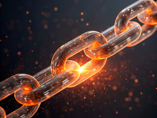 Close up of a glowing fiery interconnected chain link with sparks and particles in a dark background