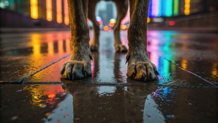 Dog paws stand on a wet street reflecting colorful neon lights, creating a vibrant urban atmosphere.