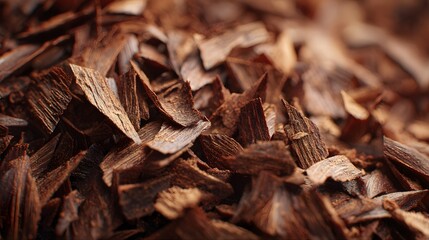 Rich brown wood chips are piled closely together with a shallow depth of field