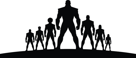 Silhouette of a superhero team standing together on a hill