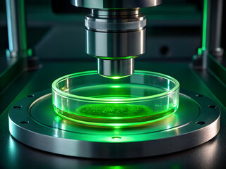 Advanced scientific equipment illuminates a petri dish containing a glowing green biological sample in a laboratory setting