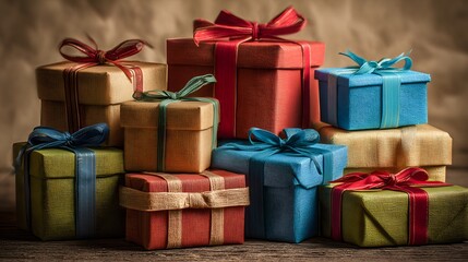 Assortment of vibrantly colored wrapped presents stacked together for a celebration