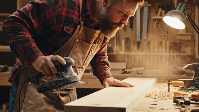 Woodworker sanding wood in workshop - A bearded man wearing an apron sands a piece of wood using a power sander in a workshop setting. Wood shavings fly as he smooths the surface.