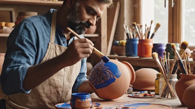 Potter Decorating Clay Vase in Workshop - A person with a beard and wearing an apron is painting a clay vase with blue paint in a workshop setting.