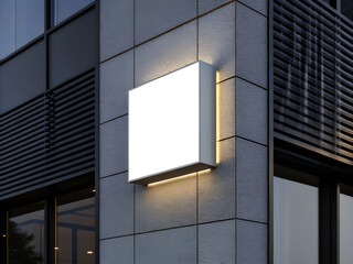 Blank illuminated square sign mounted on a modern building exterior at dusk