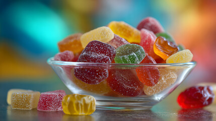 colorful fruit jellies with sugar in clear bowl