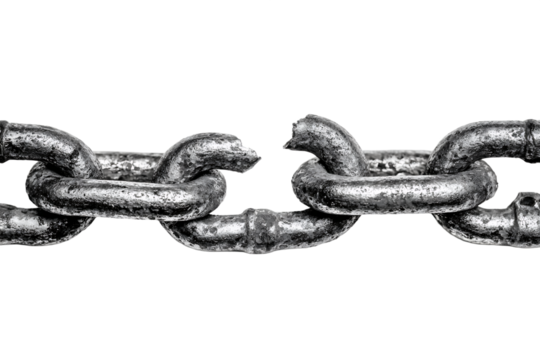 Silver Metal Chain Link Broken Against Transparent Background Symbolic Of Disconnection And Vulnerability In High Contrast Lighting, PNG