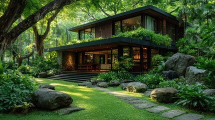 Modern luxury house nestled in a lush green tropical forest environment design