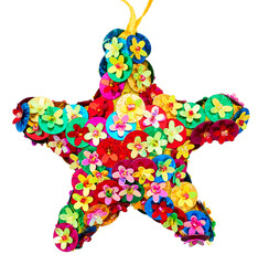 Colorful sequin star ornament with rainbow decoration isolated on white background