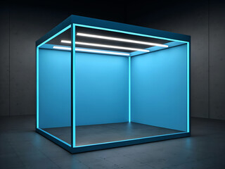 Futuristic empty glass cube display case illuminated by bright blue neon lights and ceiling leds