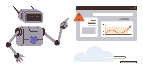 Robot interacting with interface showing error sign and growth chart. Ideal for technology, AI, automation, data analysis, troubleshooting, innovation, and robotics applications. A simple flat