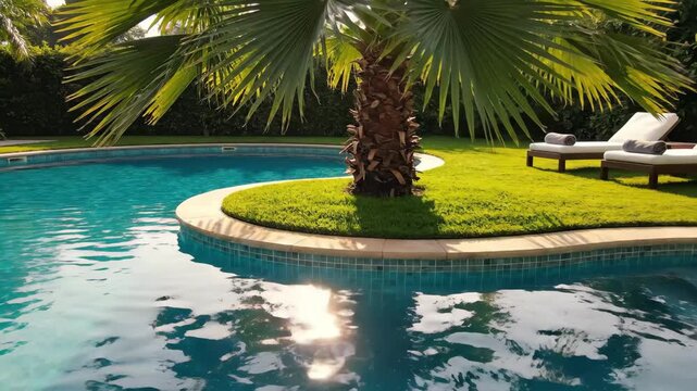 Relaxation by the Pool with Palm Tree - A tranquil scene features a swimming pool surrounded by lush green grass, with a palm tree growing in the middle, perfect for relaxation.