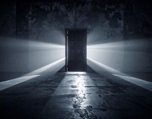 Dramatic interior scene with a door radiating bright light