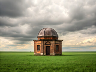 Isolated historic brick observatory building with dome sits in a vast green field under dramatic stormy clouds