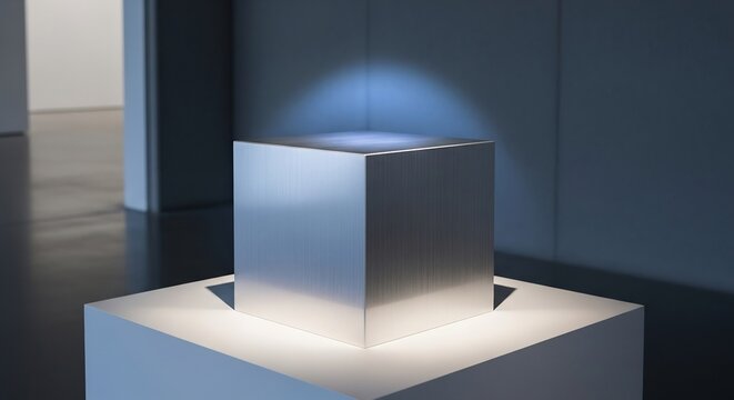 Silver cube atop a white cube spotlighted in a minimalist neutral room with polished floor