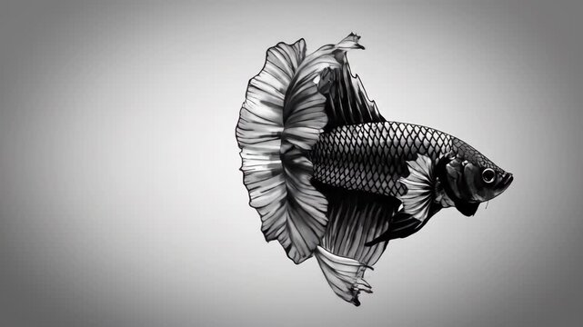 Monochrome Fish Illustration - This is a simple illustration of a fish with long fins in monochrome tones. The artwork features an artistic style.