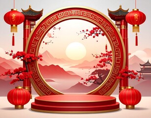 Elegant stage with red and gold decor and a scenic landscape