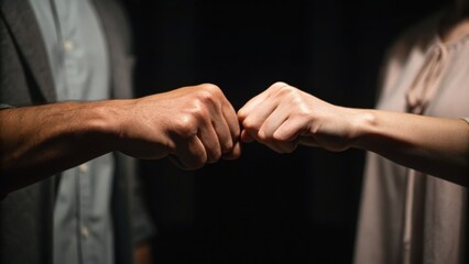 Two hands connect in a fist bump, symbolizing unity and camaraderie in a dimly lit setting.