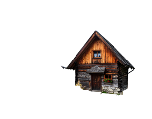 Wooden cabin with a pitched roof and small garden