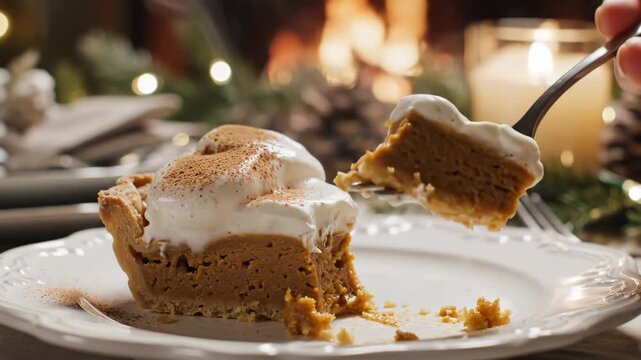 Slice of Pumpkin Pie - A slice of pumpkin pie topped with whipped cream is served on a plate. A hand uses a fork to take a bite of the dessert in a cozy, holiday setting.